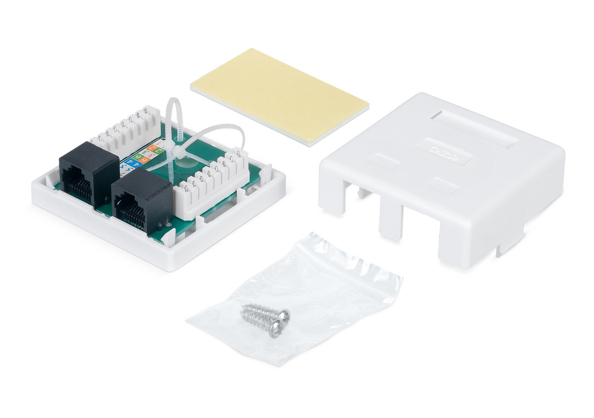 Настенная розетка Ripo, 2 порта, Cat.5e (Класс D), 100МГц, RJ45/8P8C, 110, T568A/B, неэкранированная