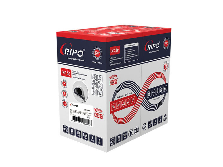 UTP 4 CAT5E 24AWG Ripo  Cu BC (чистая медь), Outdoor, PE, черный, 1x305м.